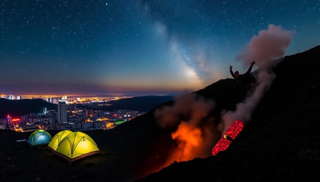 Adventure Activities Related To Urban Camping And Volcano Boarding